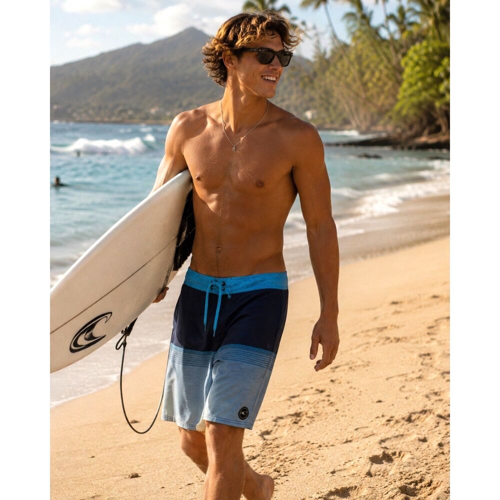 O'Neill Mens 34 Board Shorts Blue Colorblock Stretch Surf Swim Trunks